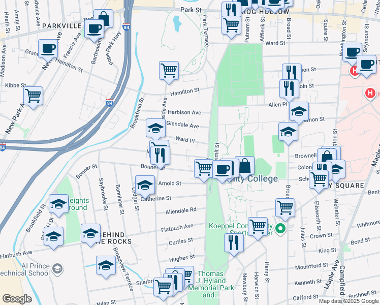 map of restaurants, bars, coffee shops, grocery stores, and more near 34 Wilson Street in Hartford