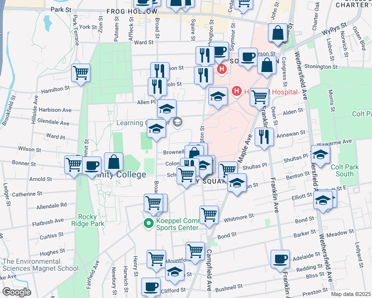 map of restaurants, bars, coffee shops, grocery stores, and more near 26 Brownell Avenue in Hartford