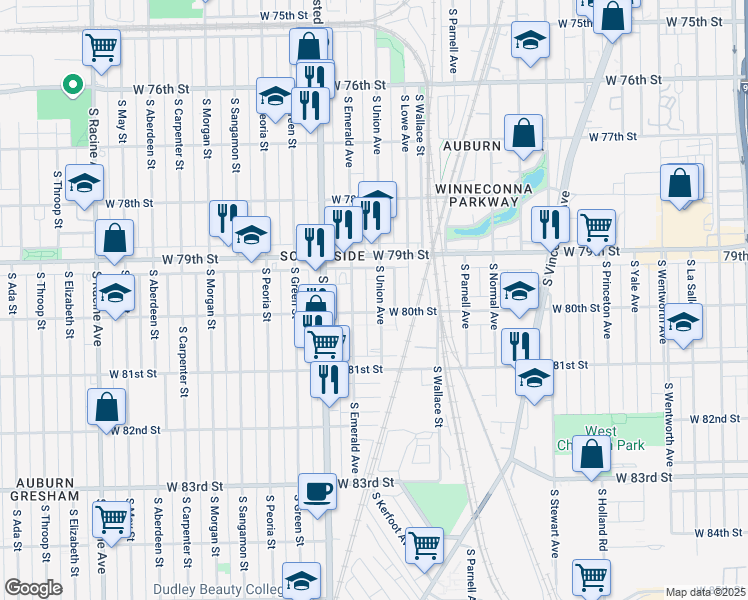 map of restaurants, bars, coffee shops, grocery stores, and more near 7948 South Union Avenue in Chicago