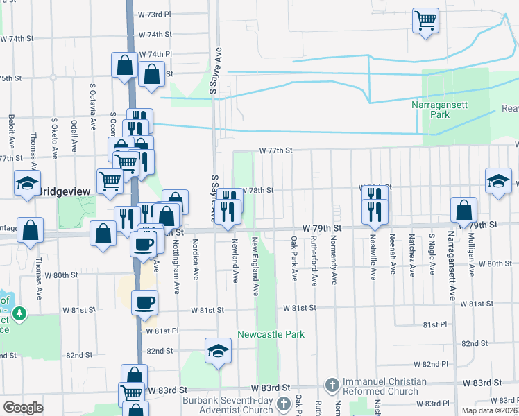 map of restaurants, bars, coffee shops, grocery stores, and more near 7825 New England Avenue in Oak Lawn