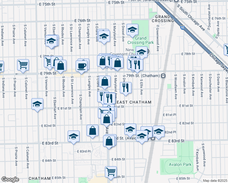 map of restaurants, bars, coffee shops, grocery stores, and more near 815 East 80th Street in Chicago
