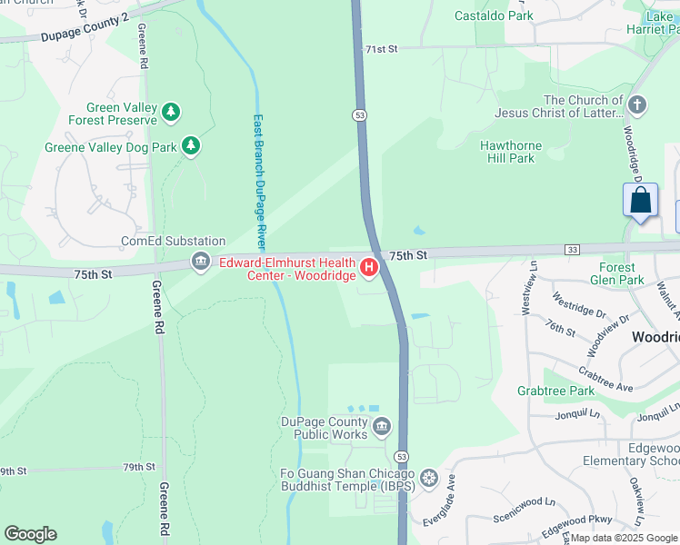 map of restaurants, bars, coffee shops, grocery stores, and more near 3333 75th Street in Woodridge