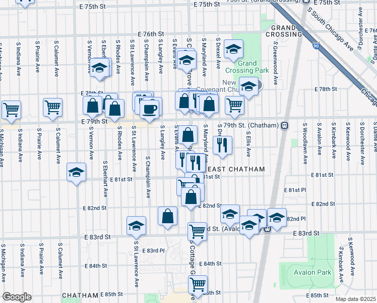 map of restaurants, bars, coffee shops, grocery stores, and more near 8002 1/2 South Cottage Grove Avenue in Chicago