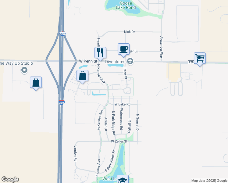 map of restaurants, bars, coffee shops, grocery stores, and more near 512 Penn Court in North Liberty