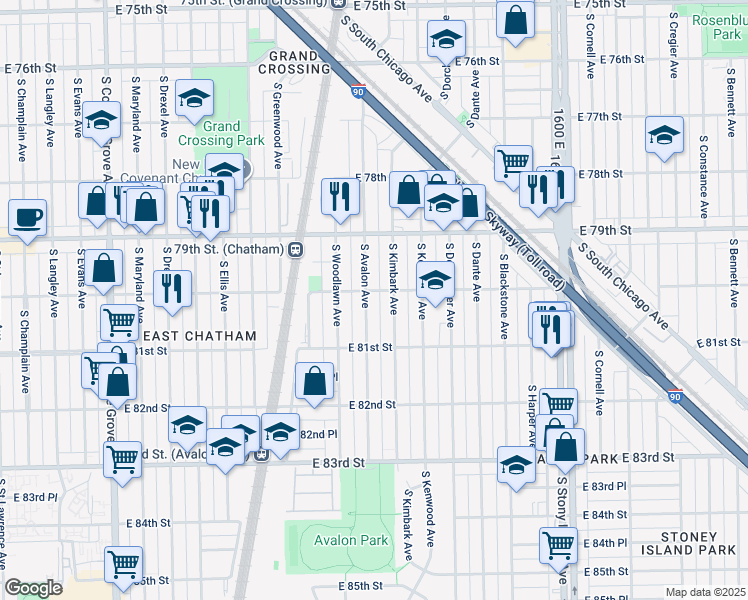 map of restaurants, bars, coffee shops, grocery stores, and more near 8001 South Avalon Avenue in Chicago