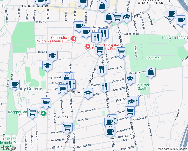 map of restaurants, bars, coffee shops, grocery stores, and more near 304 Maple Avenue in Hartford