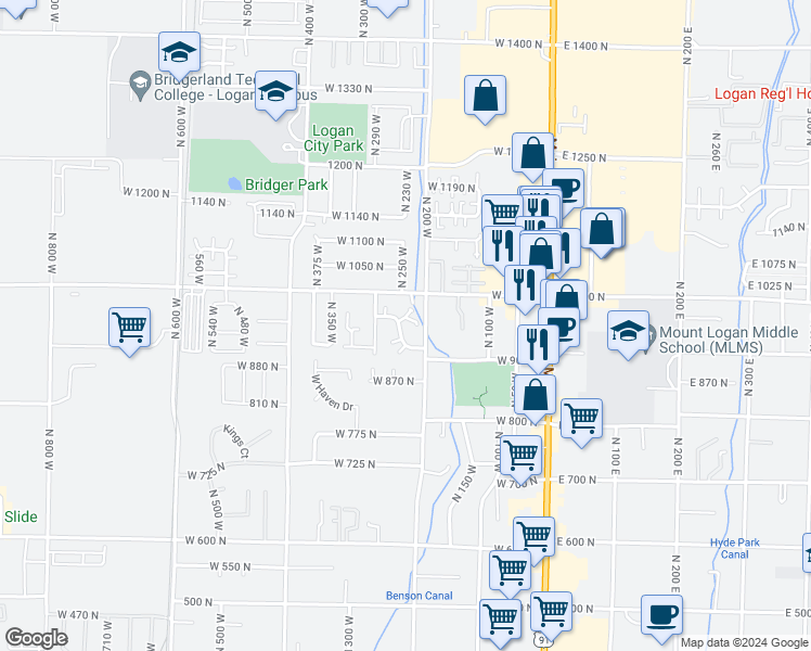 map of restaurants, bars, coffee shops, grocery stores, and more near 269 Bridger Drive in Logan