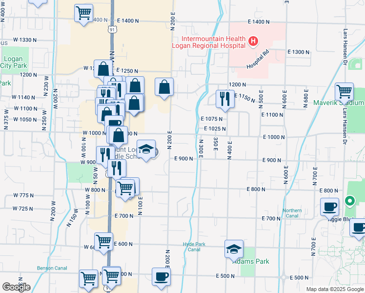 map of restaurants, bars, coffee shops, grocery stores, and more near 244 East 970 North in Logan