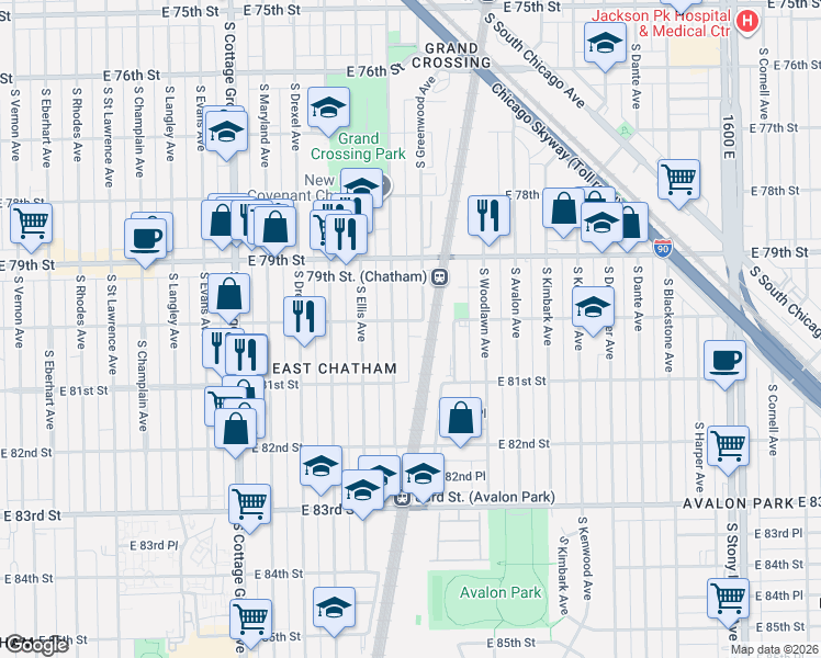 map of restaurants, bars, coffee shops, grocery stores, and more near 1049 East 80th Street in Chicago
