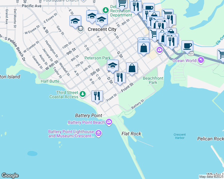 map of restaurants, bars, coffee shops, grocery stores, and more near 347 2nd Street in Crescent City