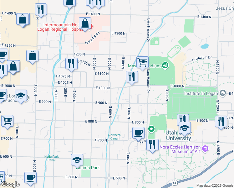 map of restaurants, bars, coffee shops, grocery stores, and more near 686 East 1000 North in Logan
