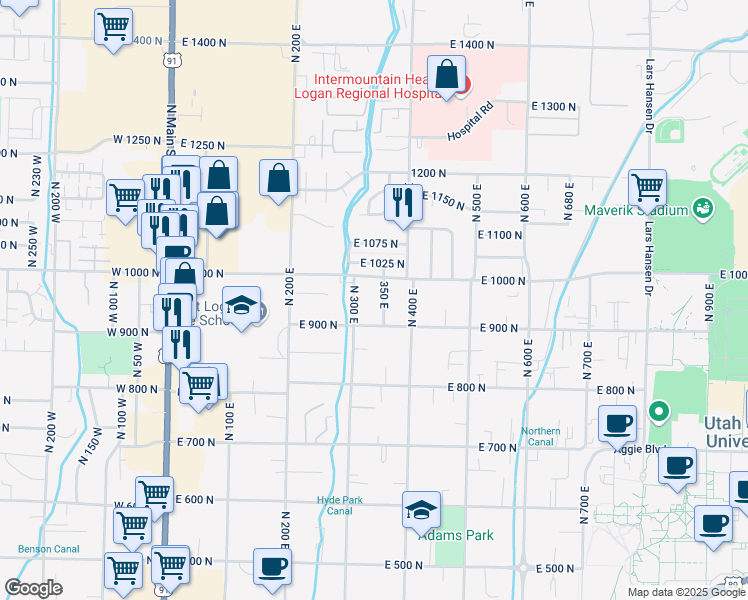 map of restaurants, bars, coffee shops, grocery stores, and more near 984 North 350 East in Logan