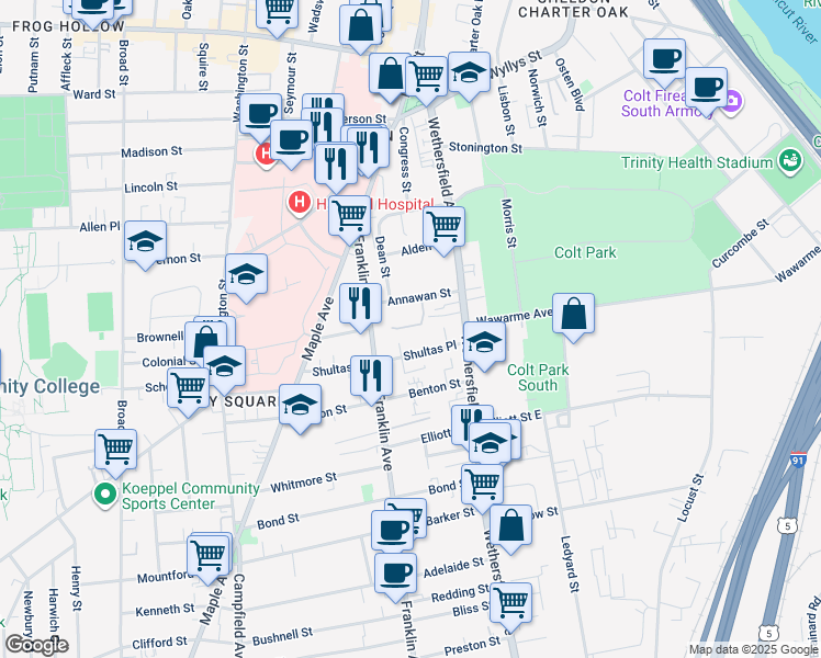 map of restaurants, bars, coffee shops, grocery stores, and more near 49 Annawan Street in Hartford