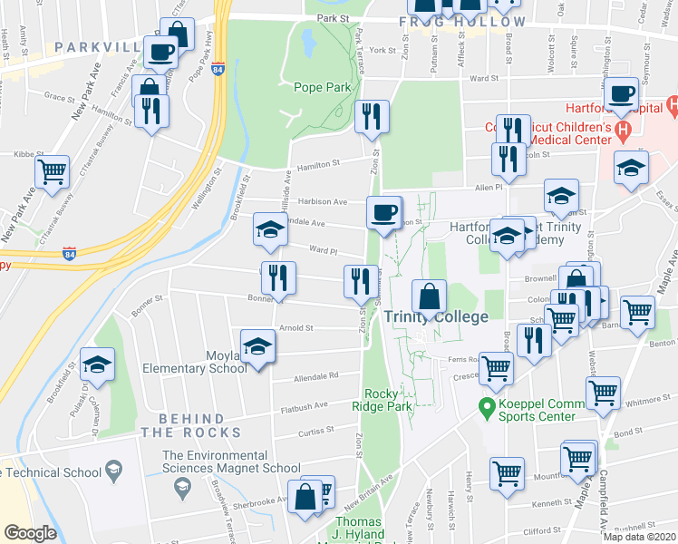 map of restaurants, bars, coffee shops, grocery stores, and more near 13 Ward Place in Hartford
