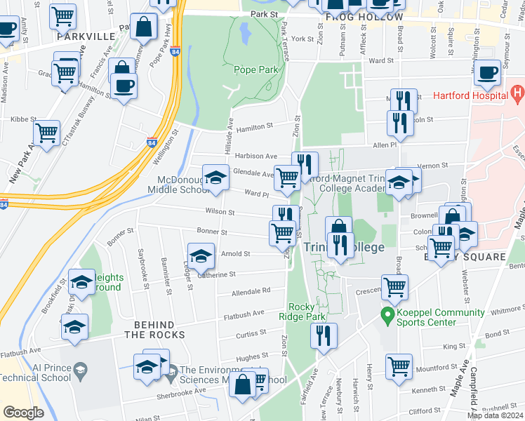 map of restaurants, bars, coffee shops, grocery stores, and more near 44 Wilson Street in Hartford