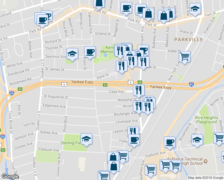 map of restaurants, bars, coffee shops, grocery stores, and more near 63 Caya Avenue in West Hartford