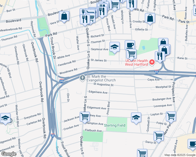 map of restaurants, bars, coffee shops, grocery stores, and more near 123 Wilfred Street in West Hartford