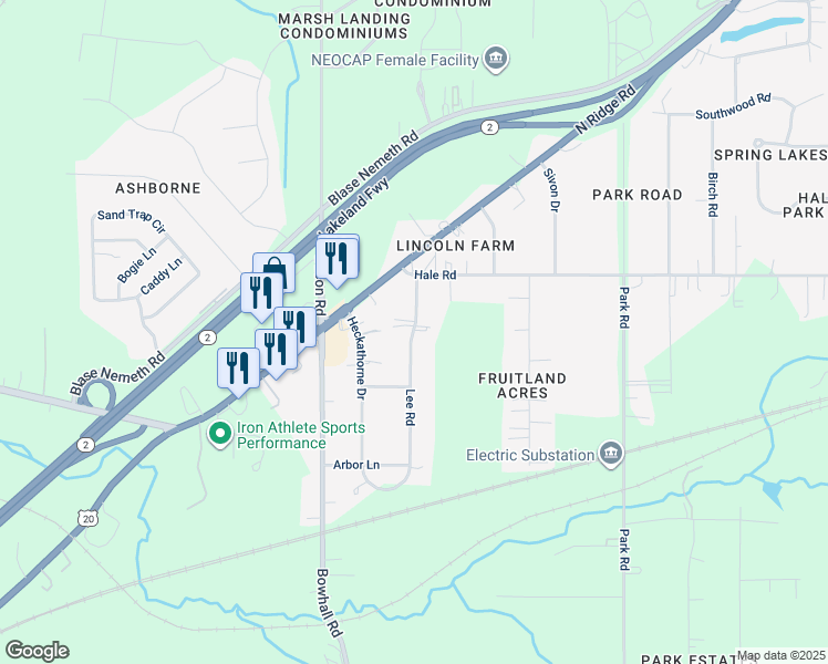 map of restaurants, bars, coffee shops, grocery stores, and more near 33 Lee Road in Painesville