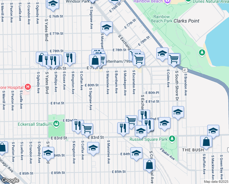 map of restaurants, bars, coffee shops, grocery stores, and more near 8011 South Burnham Avenue in Chicago