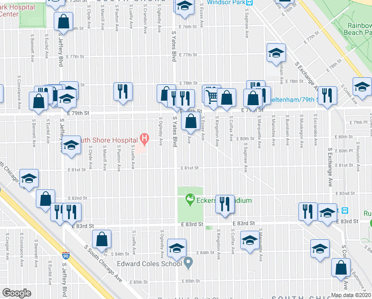 map of restaurants, bars, coffee shops, grocery stores, and more near 8014 South Phillips Avenue in Chicago