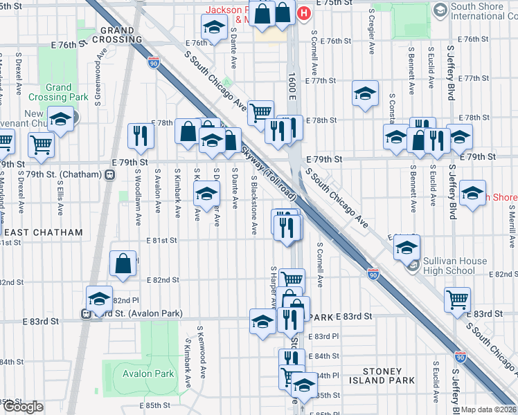 map of restaurants, bars, coffee shops, grocery stores, and more near 8001 South Blackstone Avenue in Chicago