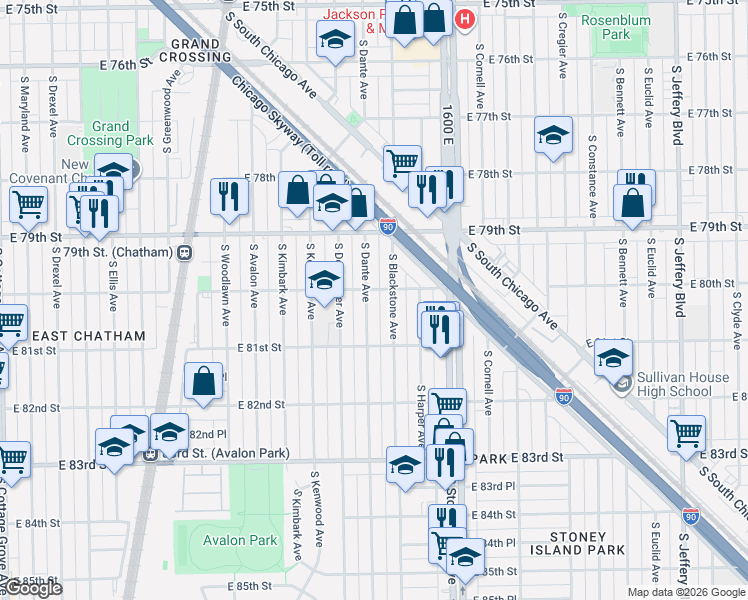 map of restaurants, bars, coffee shops, grocery stores, and more near 8000 South Dante Avenue in Chicago