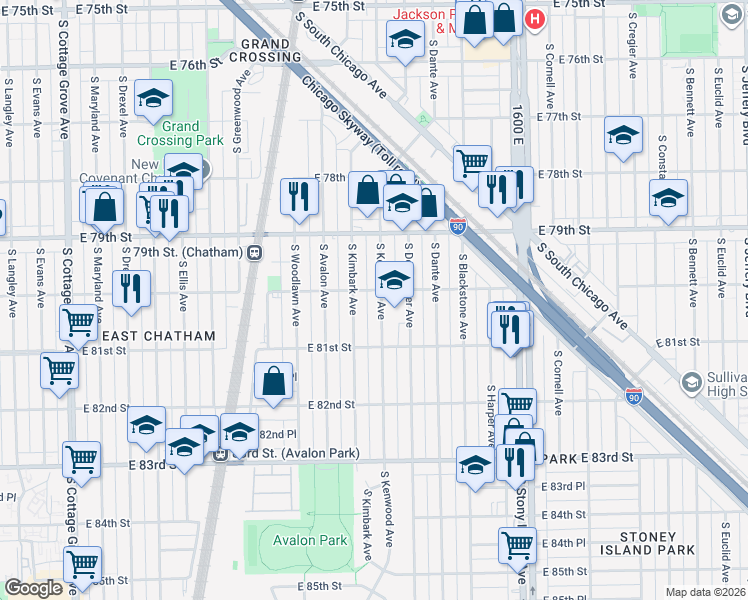map of restaurants, bars, coffee shops, grocery stores, and more near 8005 South Kimbark Avenue in Chicago
