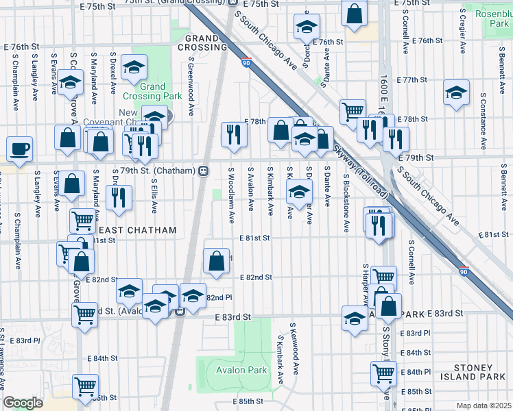 map of restaurants, bars, coffee shops, grocery stores, and more near 8001 South Avalon Avenue in Chicago