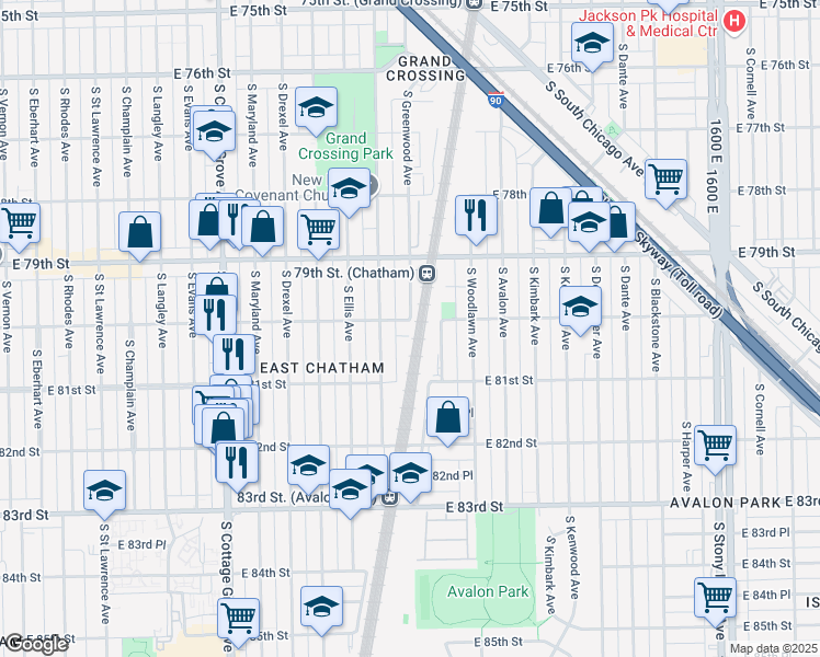 map of restaurants, bars, coffee shops, grocery stores, and more near 1049 East 80th Street in Chicago