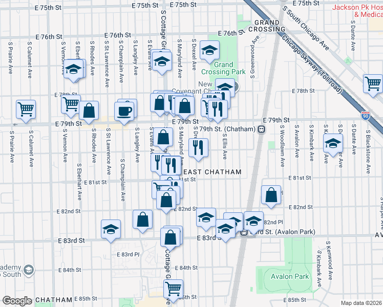 map of restaurants, bars, coffee shops, grocery stores, and more near 856 East 80th Street in Chicago