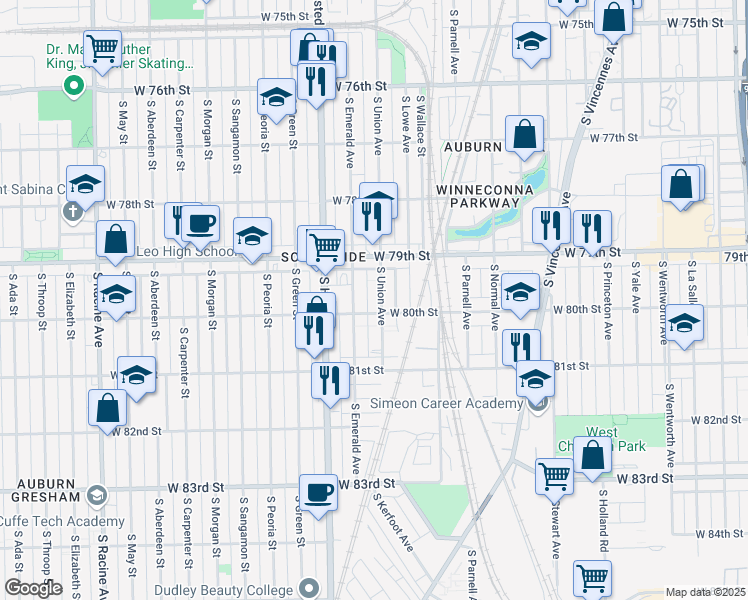 map of restaurants, bars, coffee shops, grocery stores, and more near 7940 South Union Avenue in Chicago