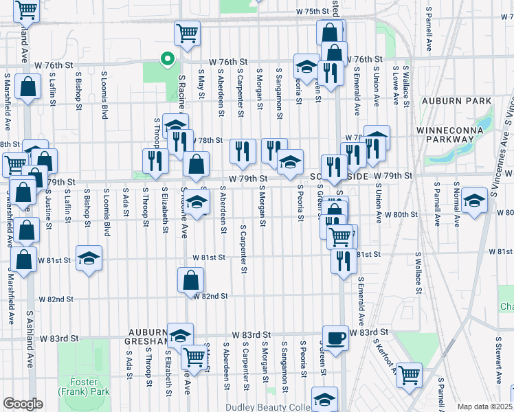 map of restaurants, bars, coffee shops, grocery stores, and more near 7926 South Morgan Street in Chicago