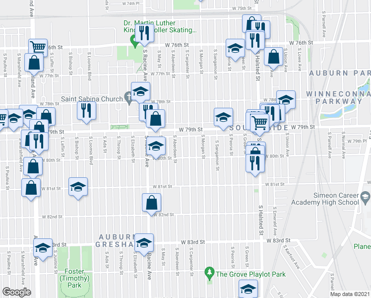 map of restaurants, bars, coffee shops, grocery stores, and more near 7931 South Aberdeen Street in Chicago