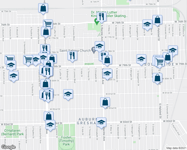 map of restaurants, bars, coffee shops, grocery stores, and more near 7928 South Elizabeth Street in Chicago