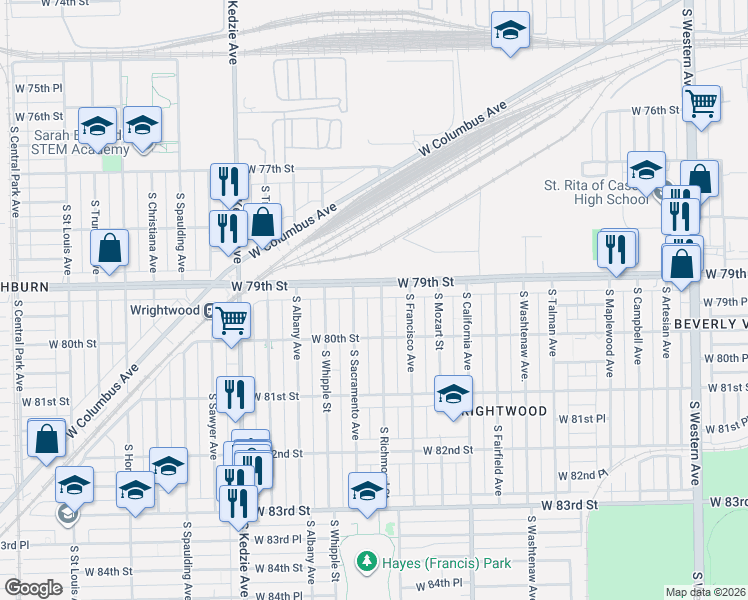 map of restaurants, bars, coffee shops, grocery stores, and more near 7901 South Richmond Street in Chicago