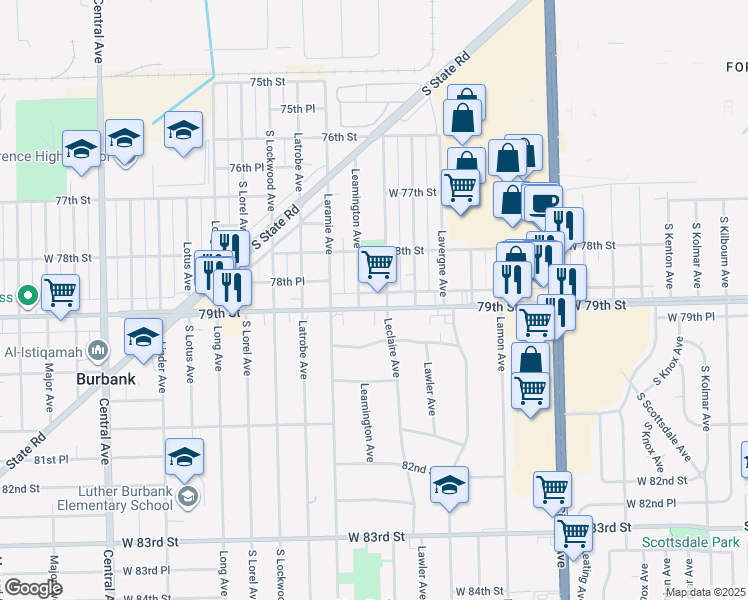 map of restaurants, bars, coffee shops, grocery stores, and more near 7849 Leclaire Avenue in Burbank