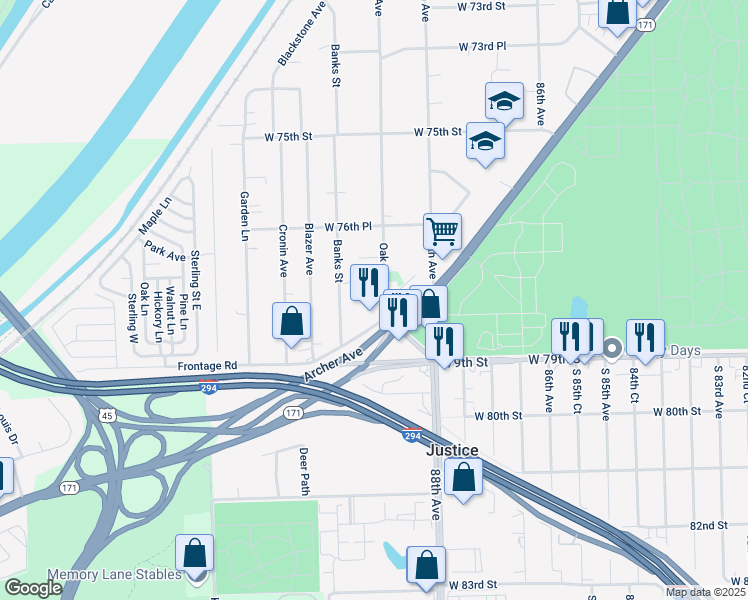 map of restaurants, bars, coffee shops, grocery stores, and more near 8832 Amelia Court in Justice