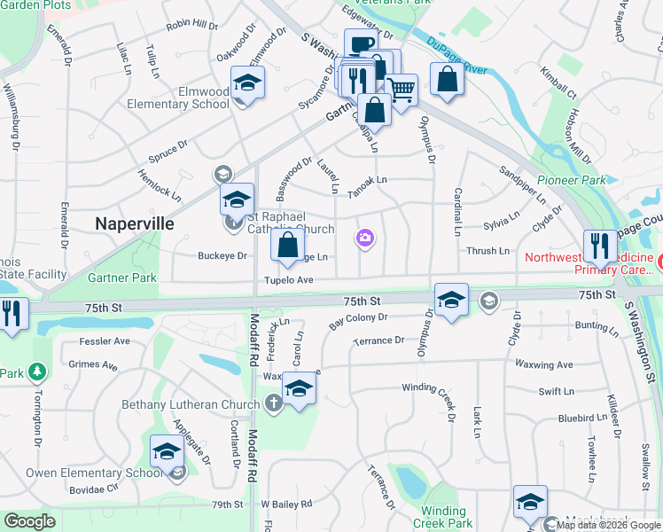 map of restaurants, bars, coffee shops, grocery stores, and more near 308 Osage Lane in Naperville