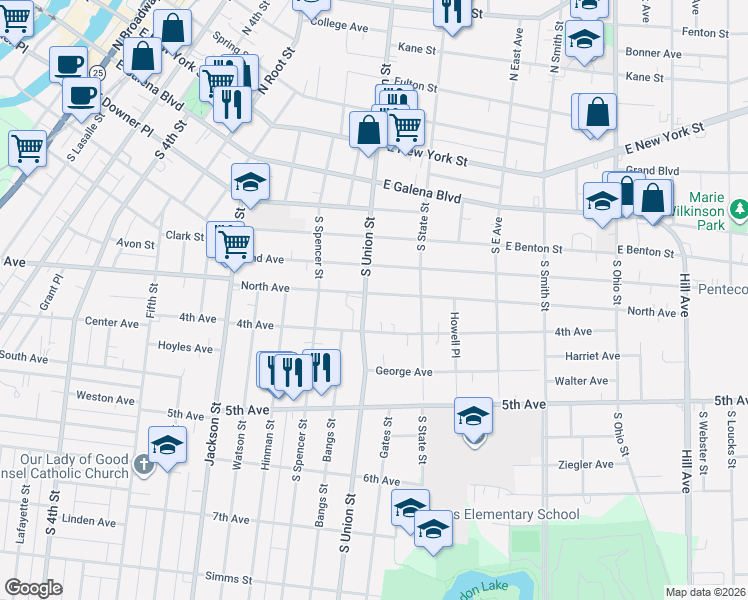 map of restaurants, bars, coffee shops, grocery stores, and more near 636 North Avenue in Aurora
