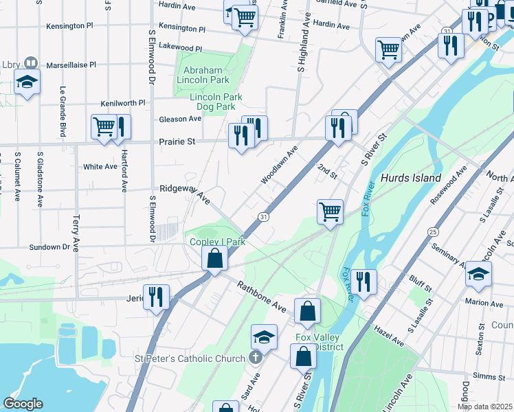 map of restaurants, bars, coffee shops, grocery stores, and more near 637 Woodlawn Avenue in Aurora
