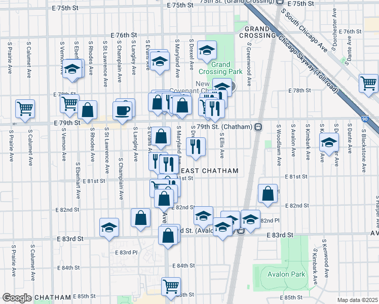 map of restaurants, bars, coffee shops, grocery stores, and more near 8000 South Drexel Avenue in Chicago