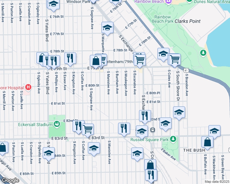 map of restaurants, bars, coffee shops, grocery stores, and more near 8011 South Burnham Avenue in Chicago