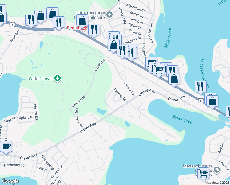 map of restaurants, bars, coffee shops, grocery stores, and more near 8 Fairway Drive in Wareham