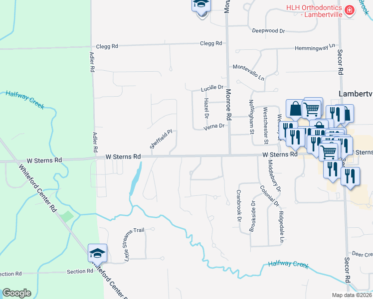 map of restaurants, bars, coffee shops, grocery stores, and more near 3946 West Sterns Road in Lambertville