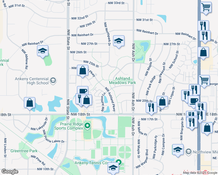 map of restaurants, bars, coffee shops, grocery stores, and more near 2201 Northwest Ashland Parkway in Ankeny