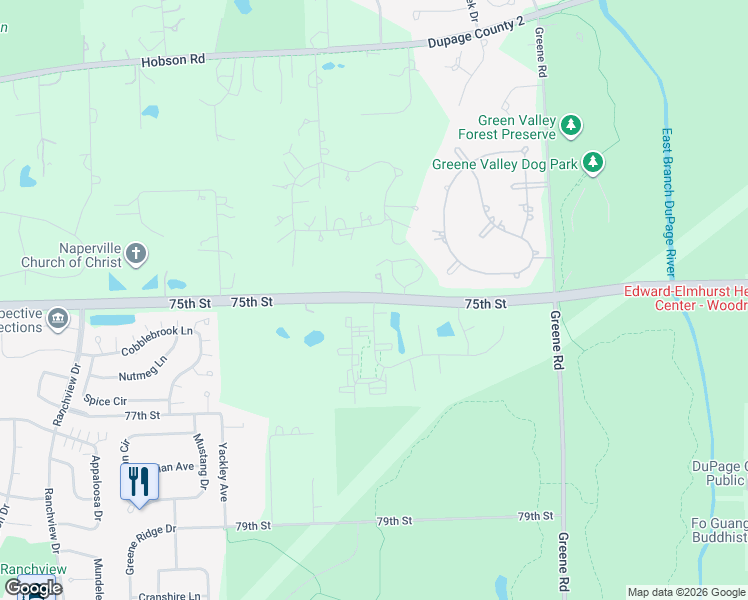 map of restaurants, bars, coffee shops, grocery stores, and more near 7498 Gladstone Drive in Naperville