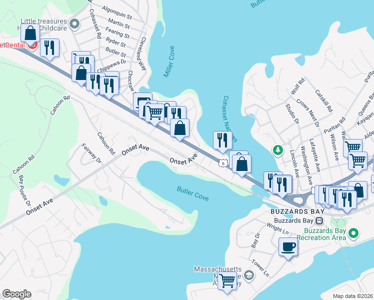 map of restaurants, bars, coffee shops, grocery stores, and more near 3213 Cranberry Highway in Wareham
