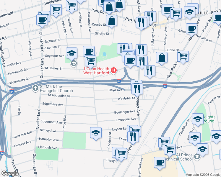map of restaurants, bars, coffee shops, grocery stores, and more near 63 Caya Avenue in West Hartford