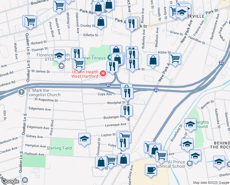 map of restaurants, bars, coffee shops, grocery stores, and more near 36 Caya Avenue in West Hartford