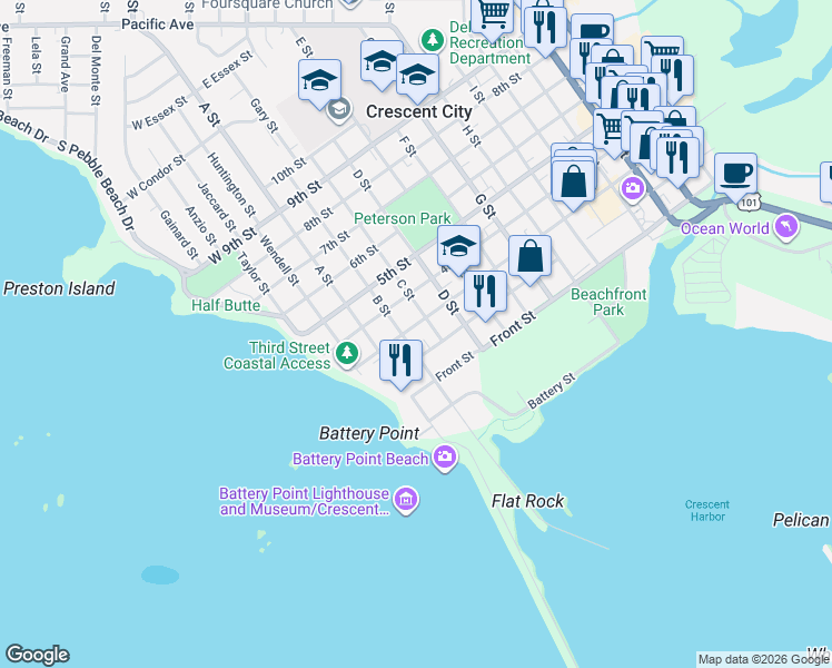 map of restaurants, bars, coffee shops, grocery stores, and more near 224 3rd Street in Crescent City